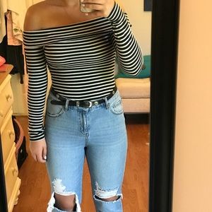 One ❤️: Black&White Stripe Off Shoulder Body Suit